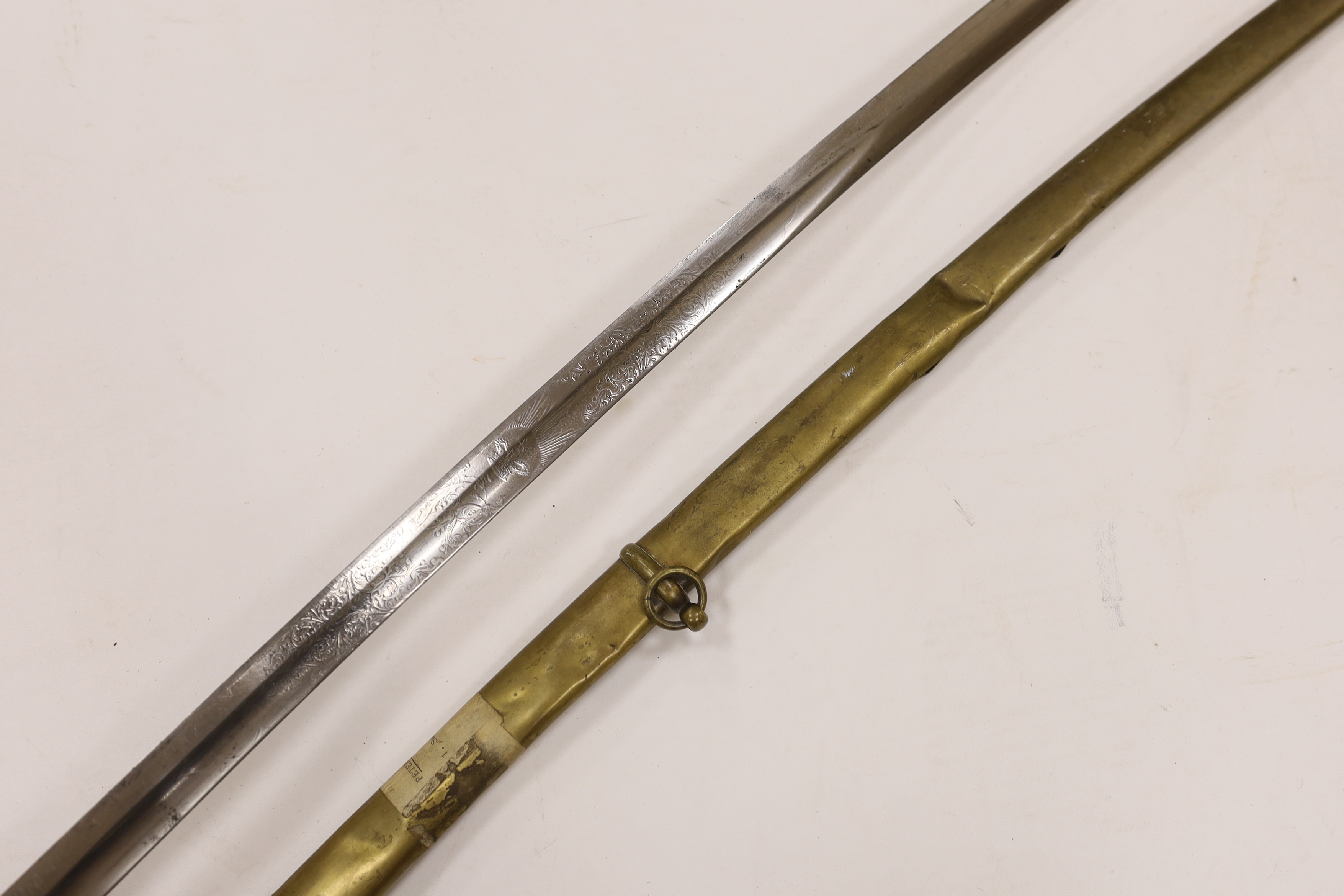 A scarce 1845 pattern infantry officer’s sword to the Penang Police, with regulation hilt, incomplete in its brass scabbard, blade 82cm